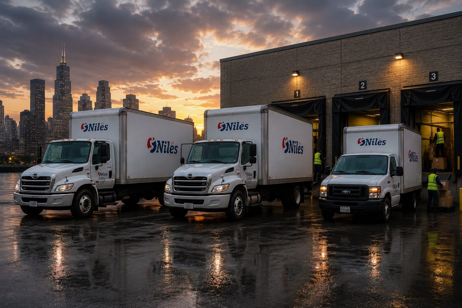 Niles LLC fleet of box trucks loading at the dock with Chicago skyline
