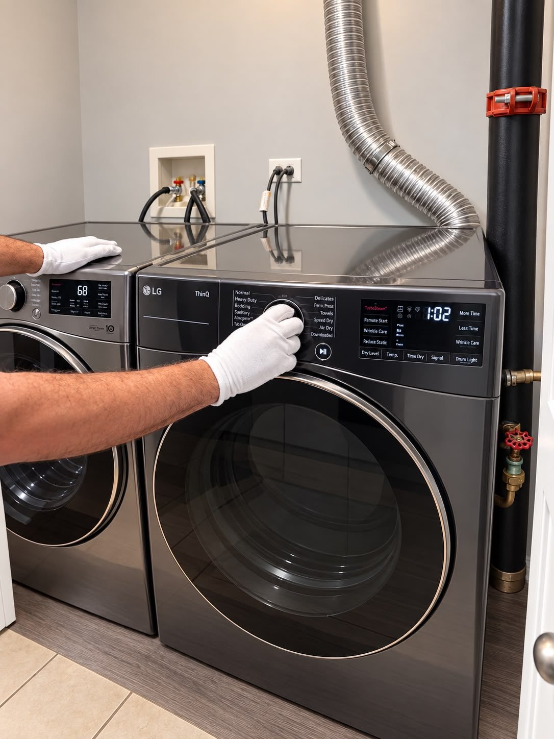 Niles Last Mile technician in white gloves installing an LG washer and dryer