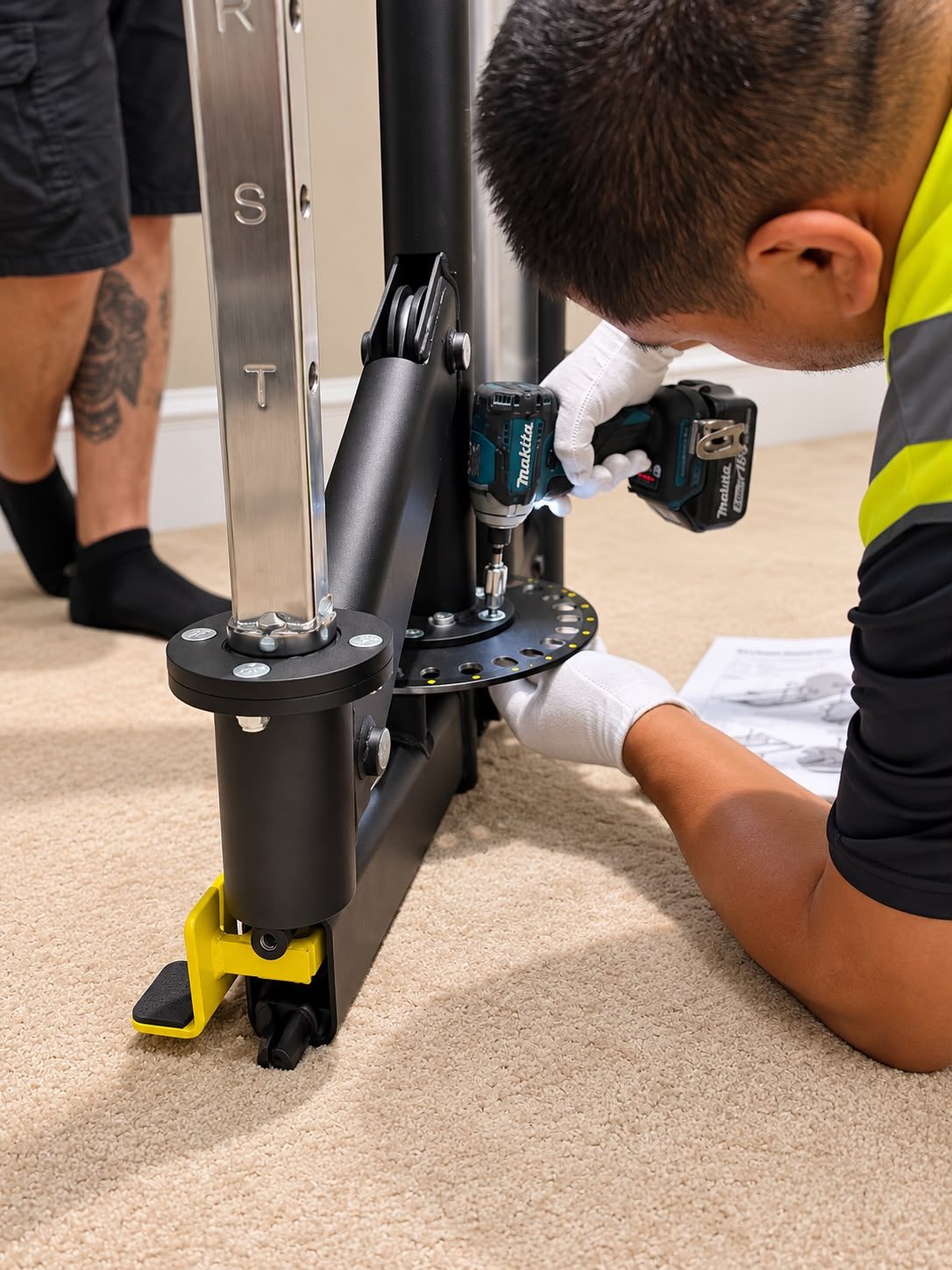 Niles Last Mile technician in white gloves and hi-vis vest assembling fitness equipment