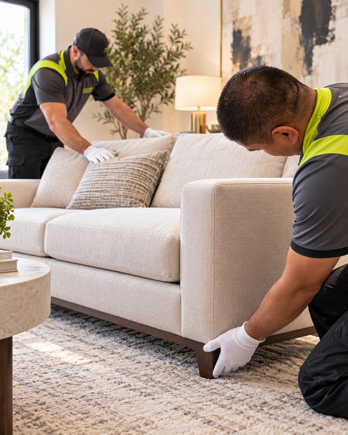 Niles Last Mile crew in white gloves placing a sofa during white-glove furniture delivery